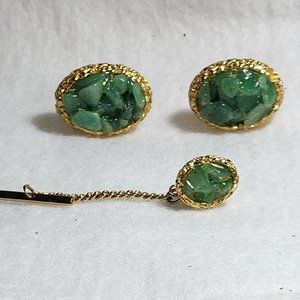 Vintage Dante Cufflink Set with Tie Clip Clasp Green Stones